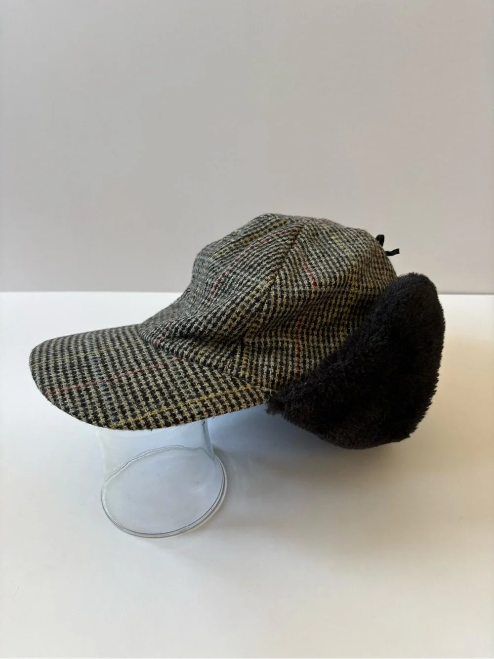 Weatherproof Wool Elmer Fudd Cap Hat L Black Grey Ear Flaps Trapper Houndstooth